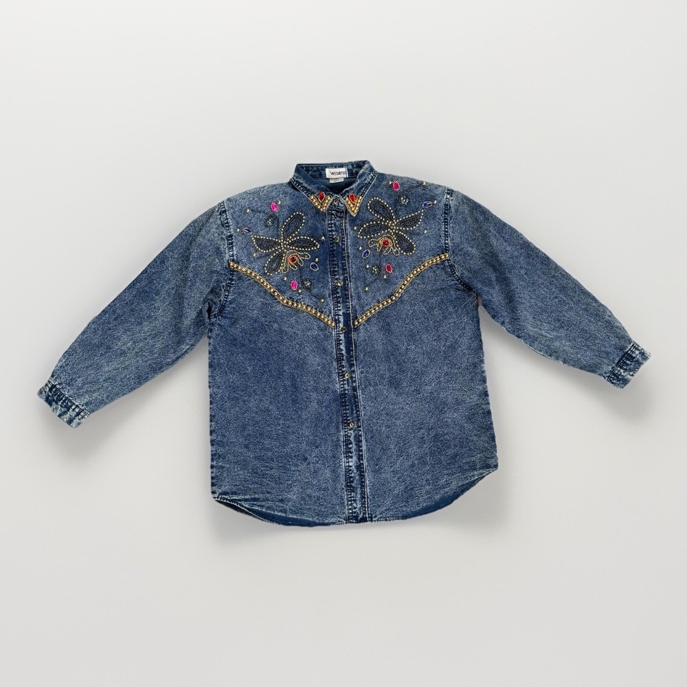 Vtg 90s Acid Wash Denim Shirt Glam Beaded Rhinestone Wester Boho Medium